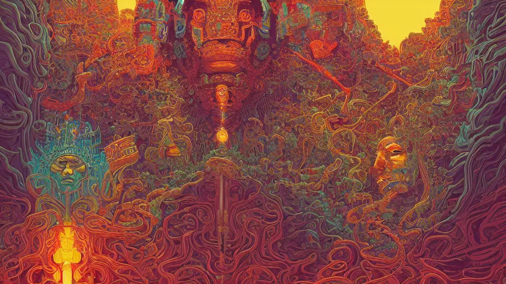 Prompt: highly detailed illustration of a mayan god by kilian eng, by moebius!, by oliver vernon, by joseph moncada, by damon soule, by manabu ikeda, by kyle hotz, by dan mumford, by kilian eng