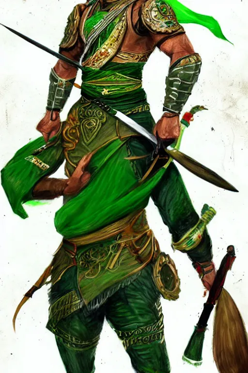 Image similar to arabian warrior, with green turf and flag, realistic, sketch and art by jacqueline e, color by bo feng lin