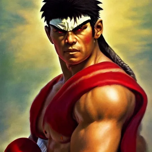 Prompt: ultra realistic billie madison as ryu from street fighter, painting by frank frazetta, 4 k, ultra realistic, highly detailed,