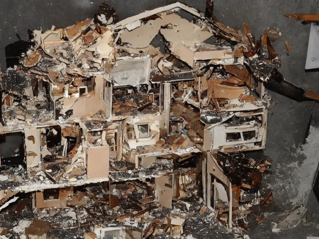 Image similar to a dollhouse exploding, news footage