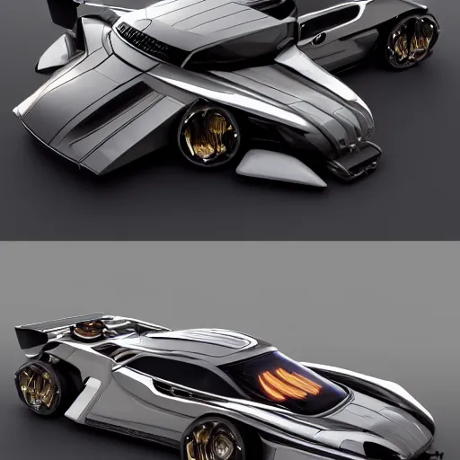 Image similar to shiny car of the future on blocks with wheels removed, high detail, 8 k render, trending on artstation, cyberpunk