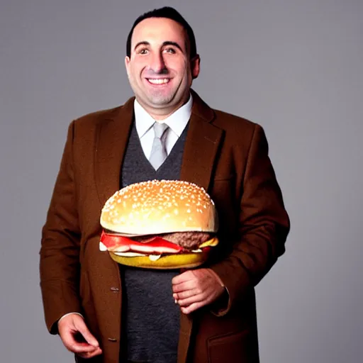 Image similar to clean - shaven smiling white chubby italian american man in his 4 0 s wearing a brown long overcoat and necktie holding a giant burger, 2 0 0 0 avertising promo shot