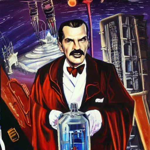 Image similar to vincent price as billionaire howard hughes in sci fi robes and high collar, vivid, rocket factory in the background, mike mignogna, illustration, dynamic and dramatic, highly detailed, rough paper, dark, oil painting