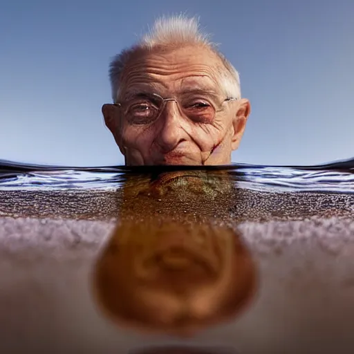 Image similar to top down photograph looking into a puddle, a shriveled old man is staring up from under the surface of the water