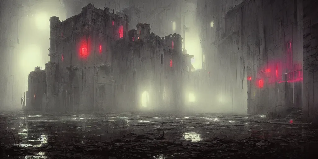 Image similar to beautiful render of abandoned caastle, by lee madgwick and hubert robert, puddles of water, blade runner style, neon glow, vivid color, moody lighting, unreal engine, foggy