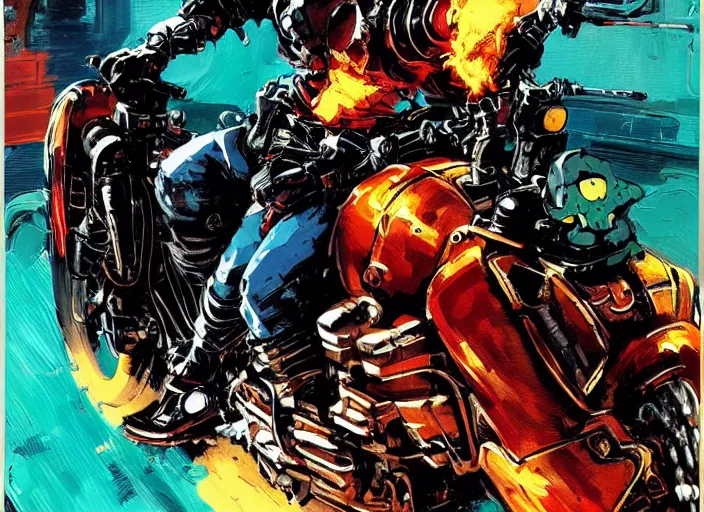 Image similar to marvel ghost rider, wearing futuristic cybernetic battle armor, riding a cyberpunk styled akira motorcycle, by ashley wood, yoji shinkawa, jamie hewlett, 6 0's french movie poster, french impressionism, vivid colors, palette knife and brush strokes