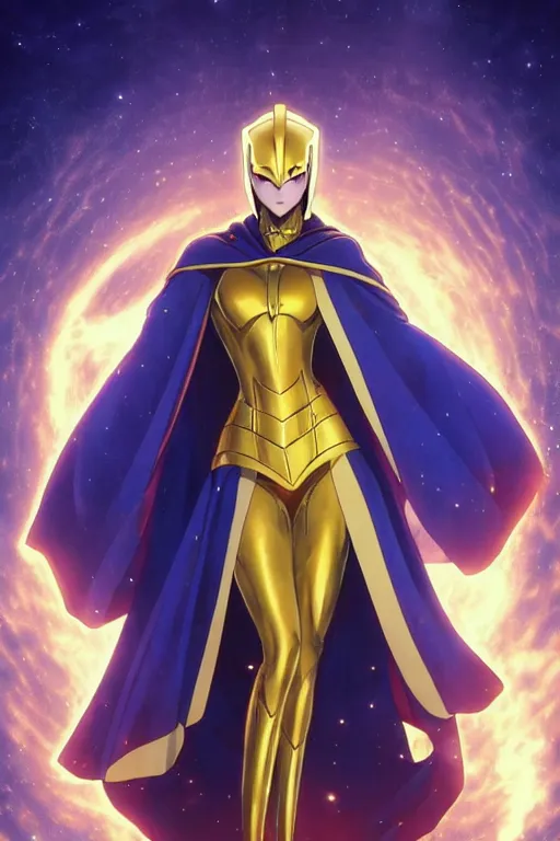 Image similar to anime key visual of a beautiful young female doctor fate!! intricate, gold and blue suit, cape, glowing, powers, dc comics, cinematic, stunning, highly detailed, digital painting, artstation, smooth, hard focus, illustration, art by artgerm and greg rutkowski and alphonse mucha