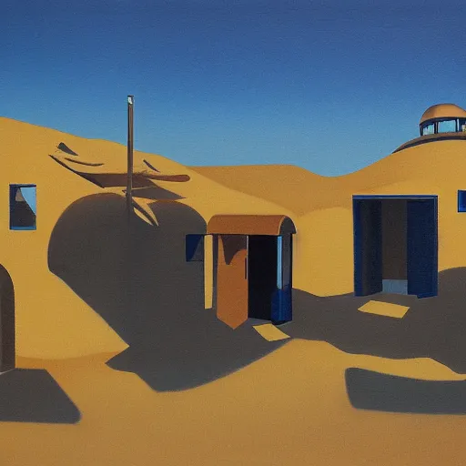 Image similar to motel in a desert Tatooine landscape, a woman, painted by François Roca and Edward Hopper, airbrush, highly detailed