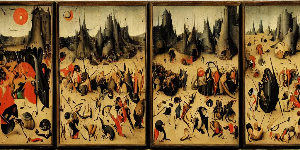 Image similar to A moshpit, oil on oakwood, triptych, by Hieronymous Bosch