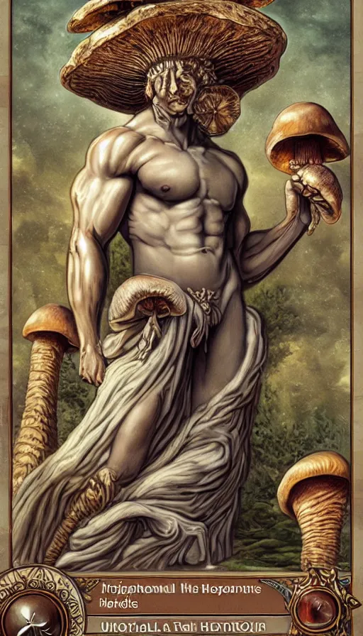 Image similar to a masterpiece hyperdetailed dnd tarot card, magnificent mushroom deity as depicted in a colossal greek marble statue ( with godlike bodybuilder physique ), hd tarot card depicting monumental statue of a dignified mushroom god with cute large mushroom hat, hdr, 8 k, artstationhq, digital art