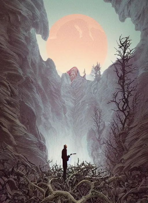 Prompt: Twin Peaks poster artwork by Michael Whelan and Tomer Hanuka, Karol Bak, Rendering of An olden evil lingers here, in these dark and dreadful caverns of twig and leaf, from scene from Twin Peaks, full of details, by Makoto Shinkai and thomas kinkade, Matte painting, trending on artstation and unreal engine