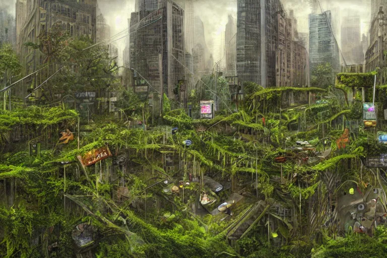 Prompt: an epic landscape view of vines and moss growing all over times square in new york city, moss, jungle, with pterosaurs flying, close - up, low angle, wide angle, atmospheric, volumetric lighting, cinematic, very realistic, sharp, highly detailed digital art, painted by tyler edlin