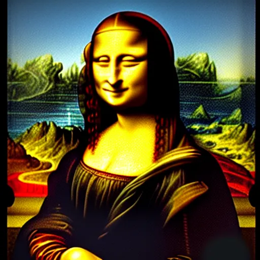 Image similar to mona lisa visiting the eiffel tower at night