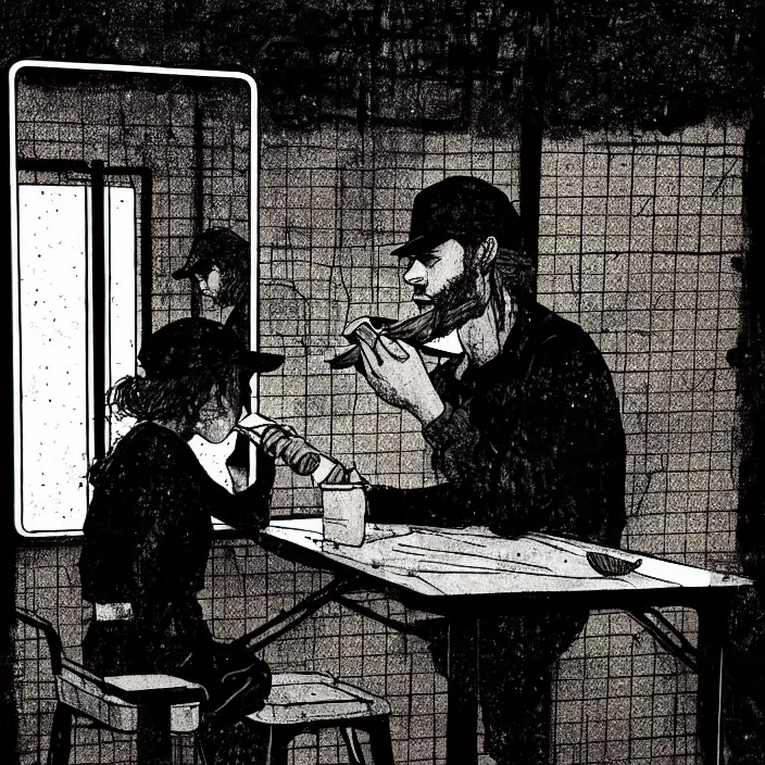 Image similar to sadie sink as a coal miner : eats bread at a table. inside a minimalist dirty automated kiosk. bright tasty food options displayed on a wall. black tiles on walls. black and white, pencil and ink. by gabriel hardman, joe alves, chris bonura. cinematic atmosphere, detailed and intricate, perfect anatomy