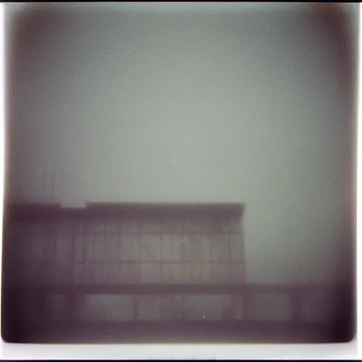 Prompt: an impossibly complex concrete structure, foggy, dark, old polaroid, expired film,