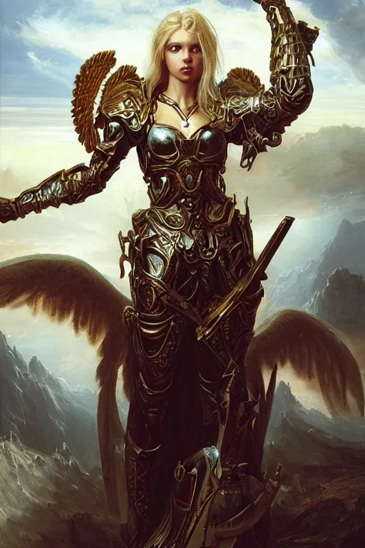 Image similar to a beautiful female angel warrior , half body portrait, blond hair, ornate armour, realistic oil painting by Thomas Cole and Wayne Barlowe and Boris Valejo