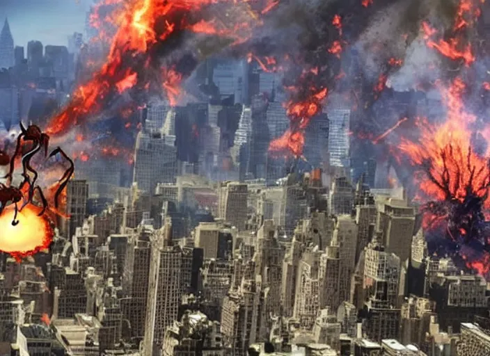 Image similar to giant ant destroying new york, fire, flames, edf earth defense force