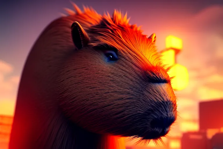 Prompt: a small capybara sits in front of a huge dragon, ray tracing, octane render, digital art, realistic, high quality, 8 k