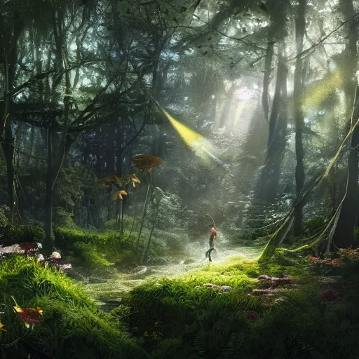 Prompt: agiant spider, beautiful, realistic, atmosphere, vibe, forest, lot of trees, fern, flowers, concept art illustration, color page, tone mapping, akihiko yoshida, james jean, andrei riabovitchev, marc simonetti, digital illustration, greg rutowski, volumetric lighting, sunbeams, particles
