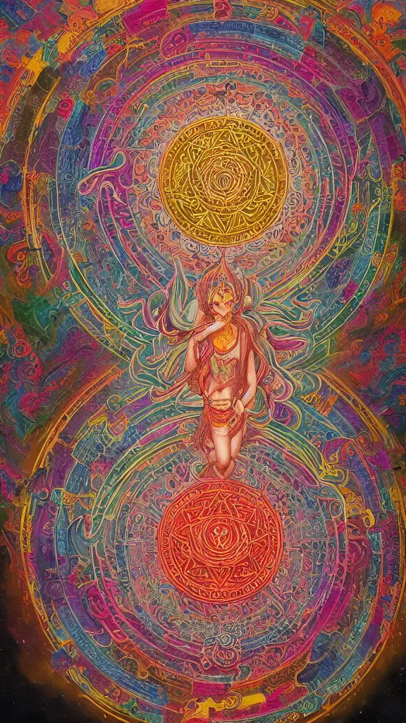 Image similar to yantra, tibetan thangka, giant mandala made up of intricate neon line work, cyberpunk angel and demon heavenly battle, flowing pieces of cloth tapestry, peter mohrbacher, Alma Thomas, 8K Resolution, High Details, secondary colours, ornate, mandala, retro-futurism artstation, perfect symmetry,