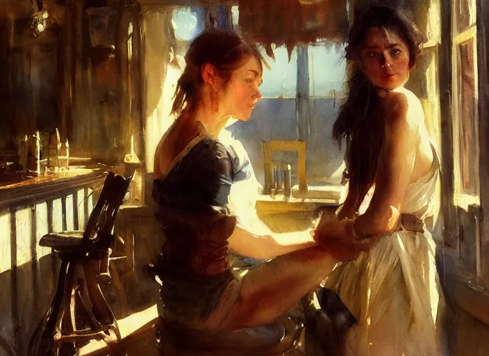 Image similar to oil watercolor painting of young rugged woman in western bar, shaven stubble, short hair, mysterious light, art by anders zorn, wonderful masterpiece by greg rutkowski, beautiful cinematic light, american romanticism by greg manchess, creation by tyler edlin