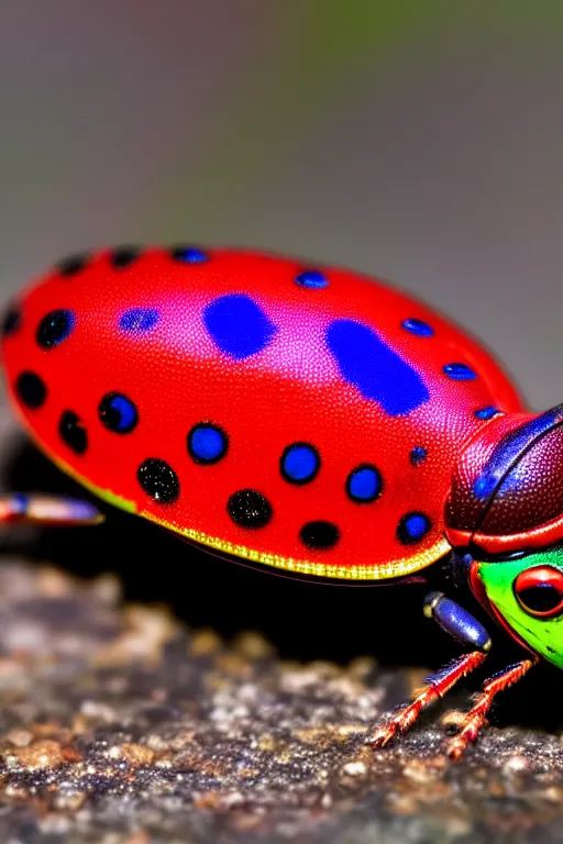 Image similar to high quality macro photo iridescent Red spotted jewel beetle! gorgeous highly detailed david ligare elson peter cinematic blue lighting high quality low angle hd 8k sharp shallow depth of field