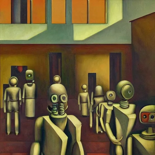 Image similar to drab human workers building robots, watched by evil fascist overlords, brutalist factory chapel, dystopian, pj crook, edward hopper, oil on canvas