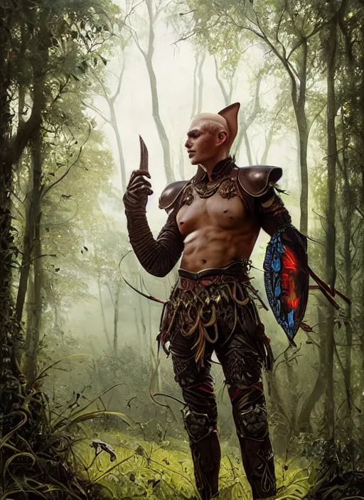 Image similar to a portrait painting of an elder male elf fighter in leather armour on a beautiful lush forest meadow, morning, art by Tristan Eaton, Stanley Artgerm, Tom Bagshaw, Greg Rutkowski, Carne Griffiths