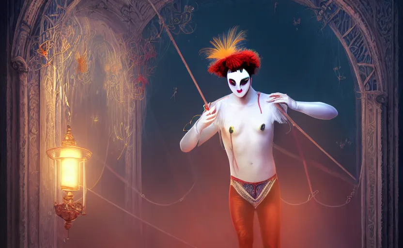 Image similar to award winning digital art of a attractive male pierrot, performing at a magnificent circus, beautiful circus themed background, trending artstation, digital art, aesthetic, bloom, intricate, elegant, sharp focus, digital illustration, highly detailed, octane render, digital painting, concept art, witchlight carnival, masterpiece