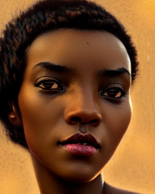 Prompt: african woman with short buzz hair, brown eyes, beautiful girl, close up portrait, moonlight, highkey, realistic, serov, surikov, vasnetsov, repin, kramskoi, paint texture, low aperature, insanely detailed, charlie bowater, tom bagshaw, octane rendered, unreal engine, illustration, trending on artstation, masterpiece