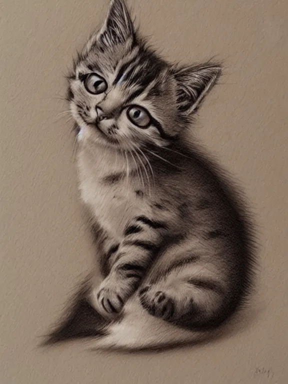 Prompt: A cute kitten, by artgerm, beautiful, mixed media on toned paper, 2021, very detailed, coffee art