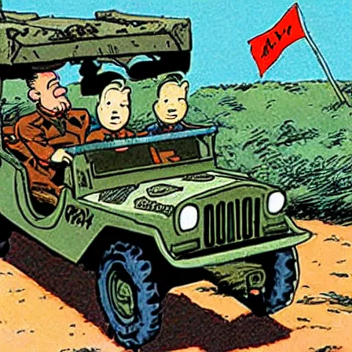 Prompt: tintin driving an army jeep. comic book