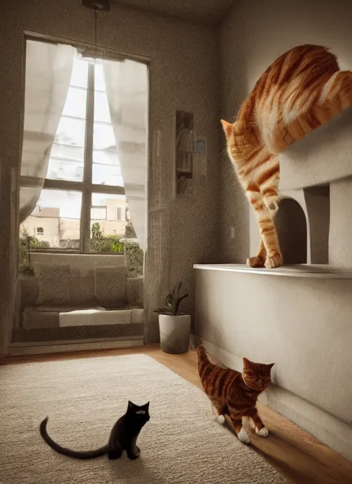 Prompt: MODERN Provence interior with Ginger Cat , Realism, Photograph, living room, inside a house, photorealism, ultra detailed, natural light, photograph, wide angle