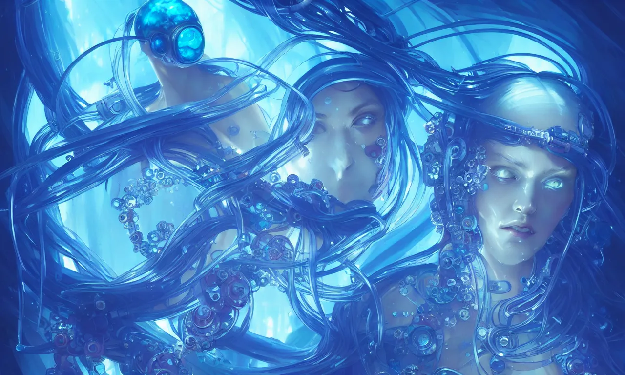 Image similar to cyberpunk jellyfish, blue tones, underwater, 8 mm, highly detailed, digital painting, artstation, concept art, smooth, sharp focus, illustration, art by artgerm and greg rutkowski and alphonse mucha