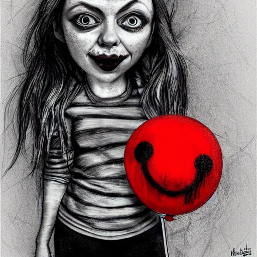 Image similar to surrealism grunge cartoon portrait sketch of billie eilish with a wide smile and a red balloon by - michael karcz, loony toons style, pennywise style, chucky style, horror theme, detailed, elegant, intricate