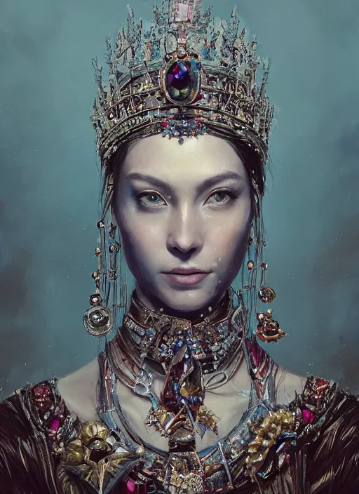 Prompt: A fancy portrait of a beautiful queen covered in jewelry by Greg Rutkowski, Sung Choi, Mitchell Mohrhauser, Maciej Kuciara, Johnson Ting, Maxim Verehin, Peter Konig, Bloodborne, 8k photorealistic, cinematic lighting, HD, high details, dramatic, atmospheric , trending on artstation