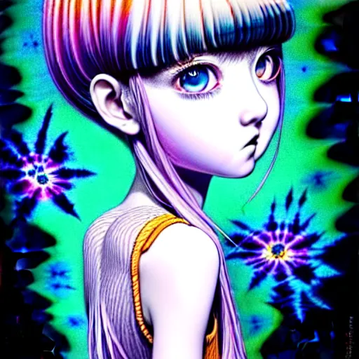 Prompt: amazingly detailed art illustration of a beautiful young woman, with morbid thoughts, wearing a tie-dye shirt, short shorts, with short hair with bangs, she is the queen of sharp needles, under the effect of psychosis and euphoria, by Range Murata, Katsuhiro Otomo, Yoshitaka Amano, and Artgerm. 3D shadowing effect, 8K resolution.