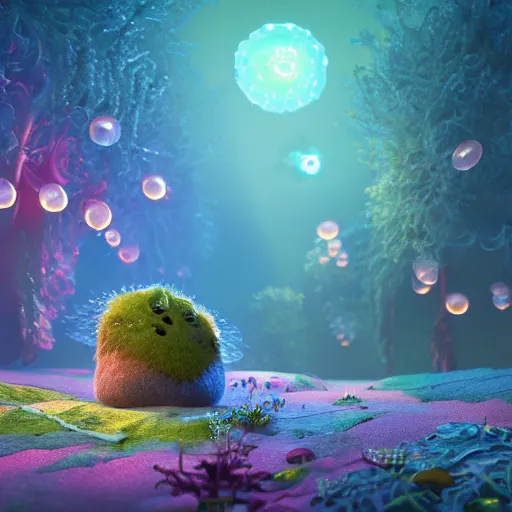 Prompt: tiny spells, vegetation, expressive eyes, floating, rbc, radiolaria, protophyta, micro - organisms, center frame, symmetric, rim light, marine microbiology, bioluminescence, electric, fur, soft, concept art, intricate details, highly detailed, colorful, photorealistic, disney pixar, octane render, iridescent, anime, 8 k