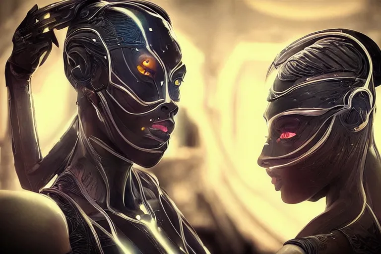 Image similar to “ a extremely detailed stunning portraits of solarpunk cyborg black cat woman by allen william on artstation ”