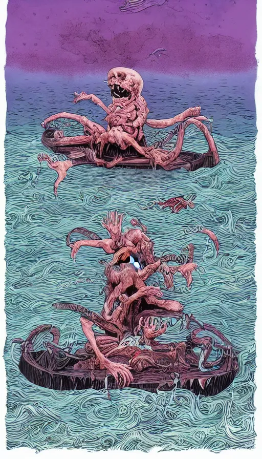 Image similar to man on boat crossing a body of water in hell with creatures in the water, sea of souls, by alex pardee