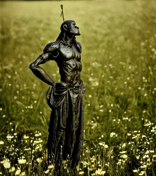 Image similar to mystical black death god figure standing in tall meadow of flowers, film photo, grainy, high detail, high resolution