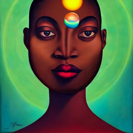 Prompt: an african queen in a surreal portrait style with glowing bubbles of light in the background by Afarin Sajedi, oil on canvas