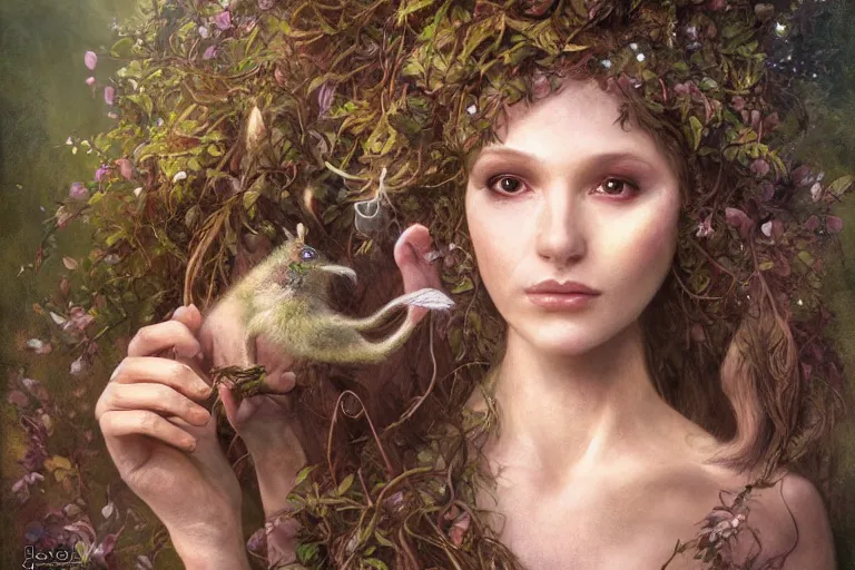 Image similar to portrait character design painting, dryad musician inspired by brian froud, portrait, accompanied by a cute feathered mouse, studio lighting by jessica rossier and brian froud and gaston bussiere