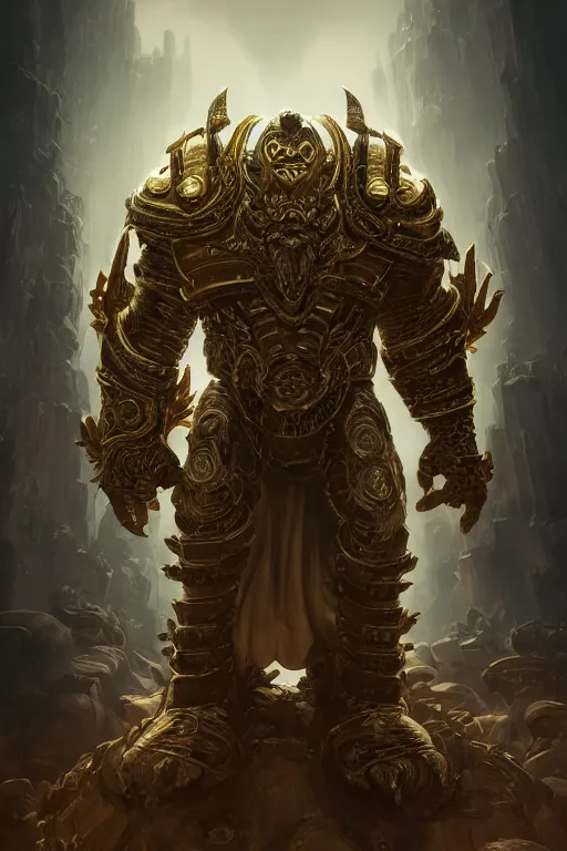 Image similar to dynamic photography portrait of end's level game boss colossus , intricate ornate armor, subject in the middle of the frame, rule of thirds, golden ratio, elegant, digital painting, octane 4k render, zbrush, hyperrealistic, artstation, concept art, smooth, sharp focus, illustration from Warcraft by Ruan Jia and Mandy Jurgens and Artgerm and William-Adolphe Bouguerea