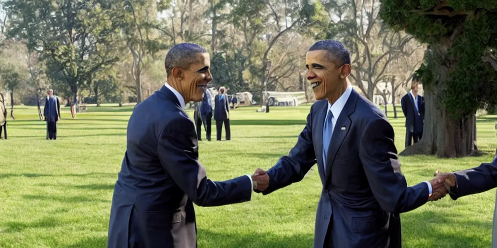 Prompt: A photo of a handshake between barrack obama and shrek inside the white house