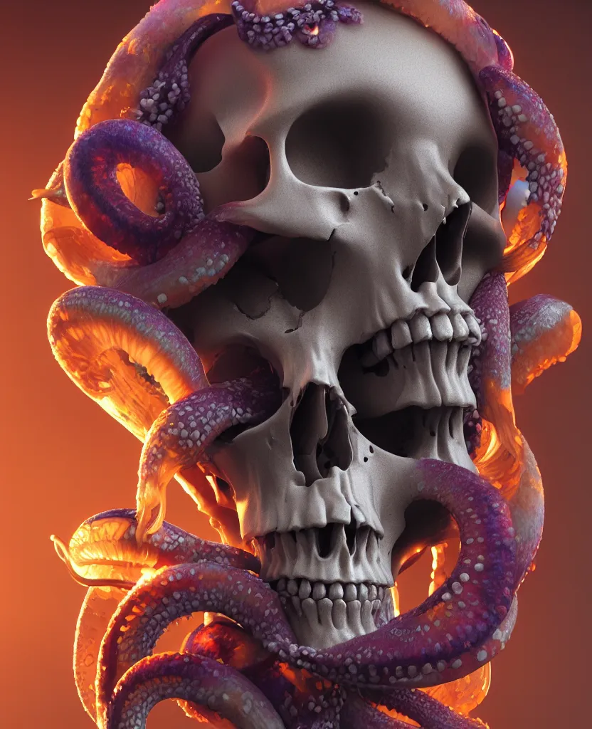 Image similar to goddess close - up portrait human skull, ram skull, squid phoenix jellyfish, orchid, betta fish, bioluminiscent, intricate artwork by tooth wu and wlop and beeple. octane render, trending on artstation, greg rutkowski very coherent symmetrical artwork. cinematic, hyper realism, high detail, octane render, 8 k