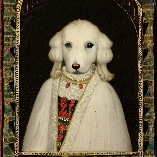 Image similar to portrait of a white poodle as an italian noblewoman, italo - byzantine era 7 0 0 ce