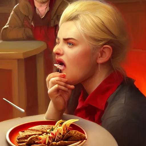 Prompt: portrait of a blonde chubby woman eating kebab, light stubble with red shirt inside victorian mansion ,digital art,photorealistoc,art by greg rutkowski,hyperdetailed,western comic style,comic,comic style,sharp lineart,professional lighting,deviantart,artstation,trevor henderson,rossdtaws,cinematic,dramatic