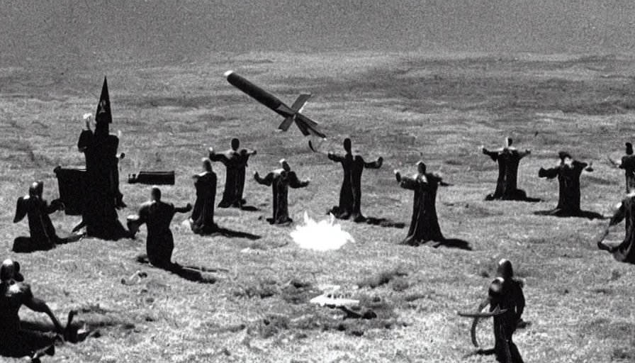 Image similar to big budget movie scene of a satanic cult doing a ritual near a nuclear missile that's about to launch.