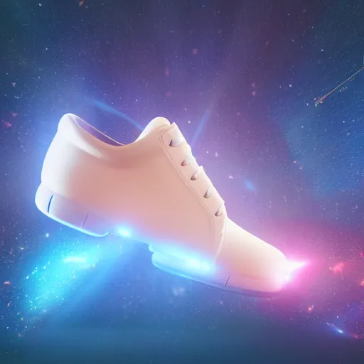 Prompt: a shoe floating in space seen from a distance, stars and galaxies, beams of light, trending on artstation, octane render